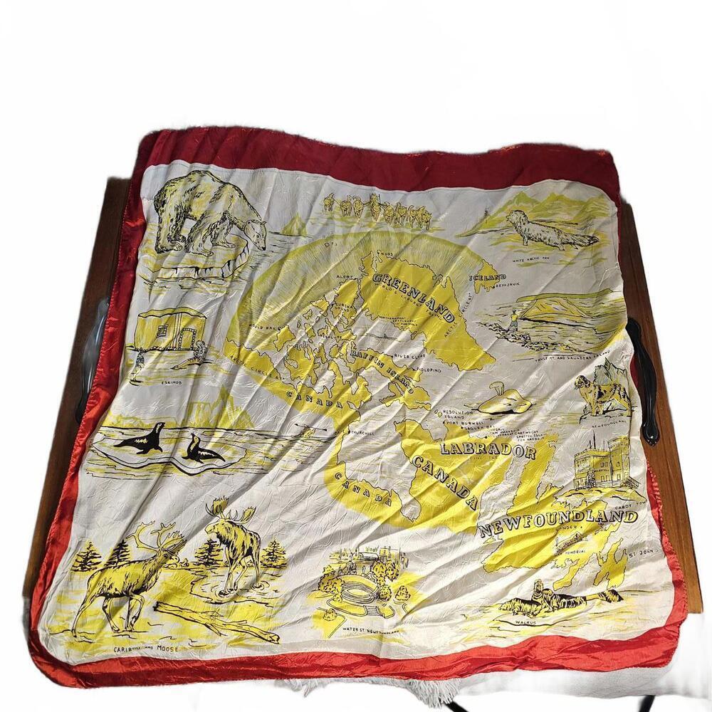 Vintage Canada and Greenland Map Silk Scarf with Animal Illustrations